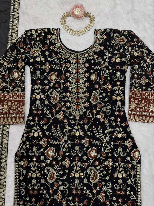 Black Elegant Faux Georgette Threadwork Suit with Real Diamond Accents