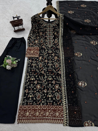 Black Elegant Faux Georgette Threadwork Suit with Real Diamond Accents