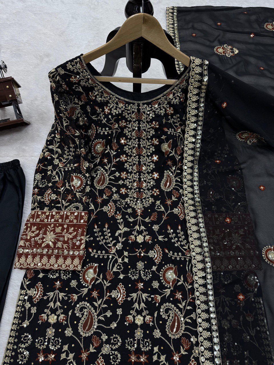 Black Elegant Faux Georgette Threadwork Suit with Real Diamond Accents