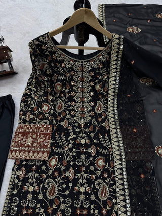 Black Elegant Faux Georgette Threadwork Suit with Real Diamond Accents