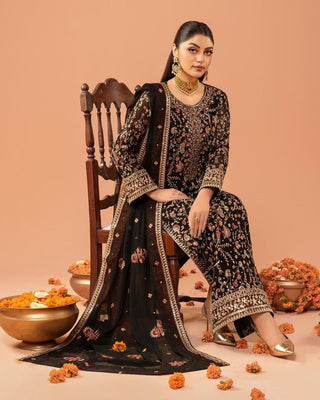 Black Elegant Faux Georgette Threadwork Suit with Real Diamond Accents