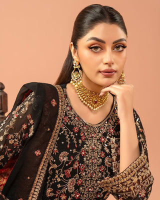 Black Elegant Faux Georgette Threadwork Suit with Real Diamond Accents