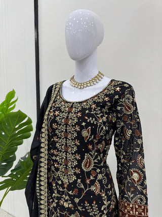 Black Elegant Faux Georgette Threadwork Suit with Real Diamond Accents