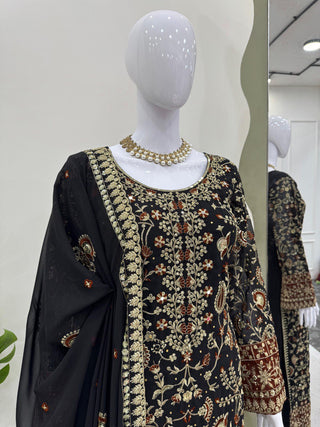 Black Elegant Faux Georgette Threadwork Suit with Real Diamond Accents