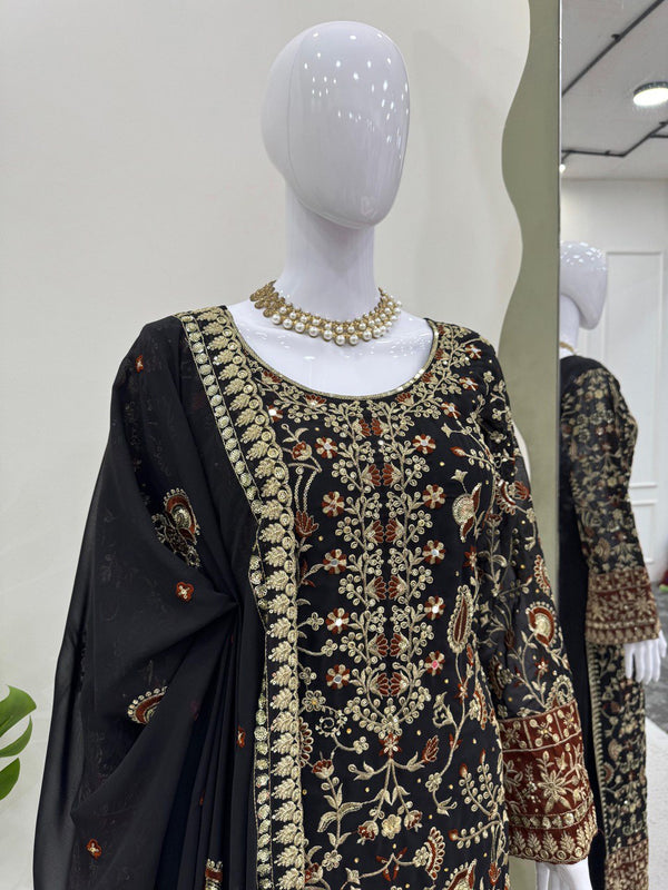 Black Elegant Faux Georgette Threadwork Suit with Real Diamond Accents