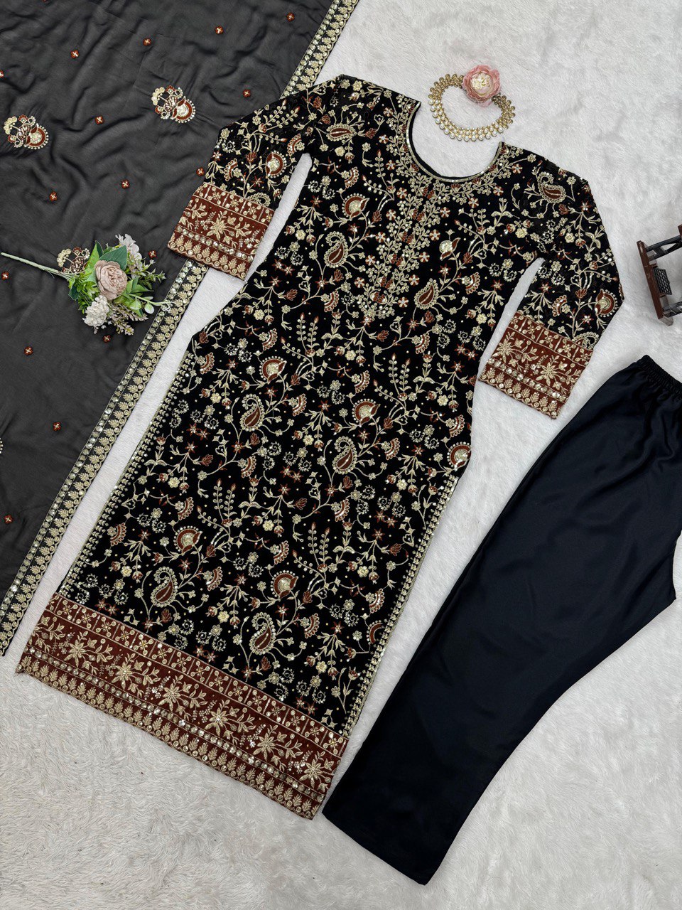 Black Elegant Faux Georgette Threadwork Suit with Real Diamond Accents