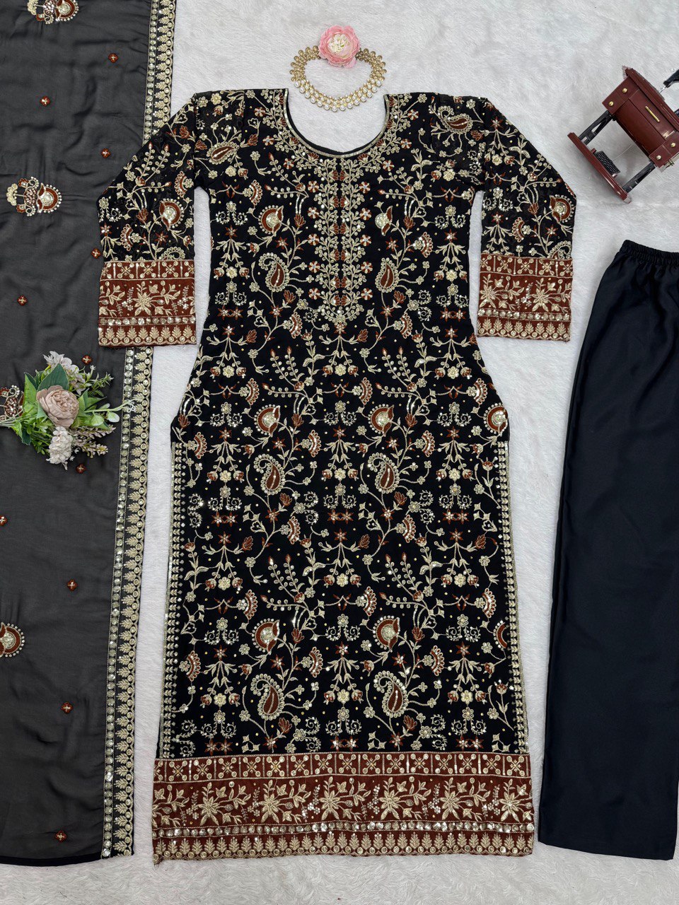 Black Elegant Faux Georgette Threadwork Suit with Real Diamond Accents