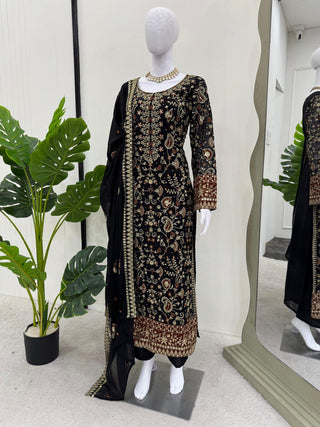 Black Elegant Faux Georgette Threadwork Suit with Real Diamond Accents