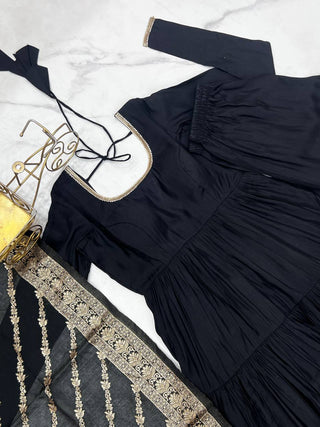 Black Elegant Festive Pure Romansilk Chanderi Anarkali Suit with Banarasi Dupatta Clothsvilla