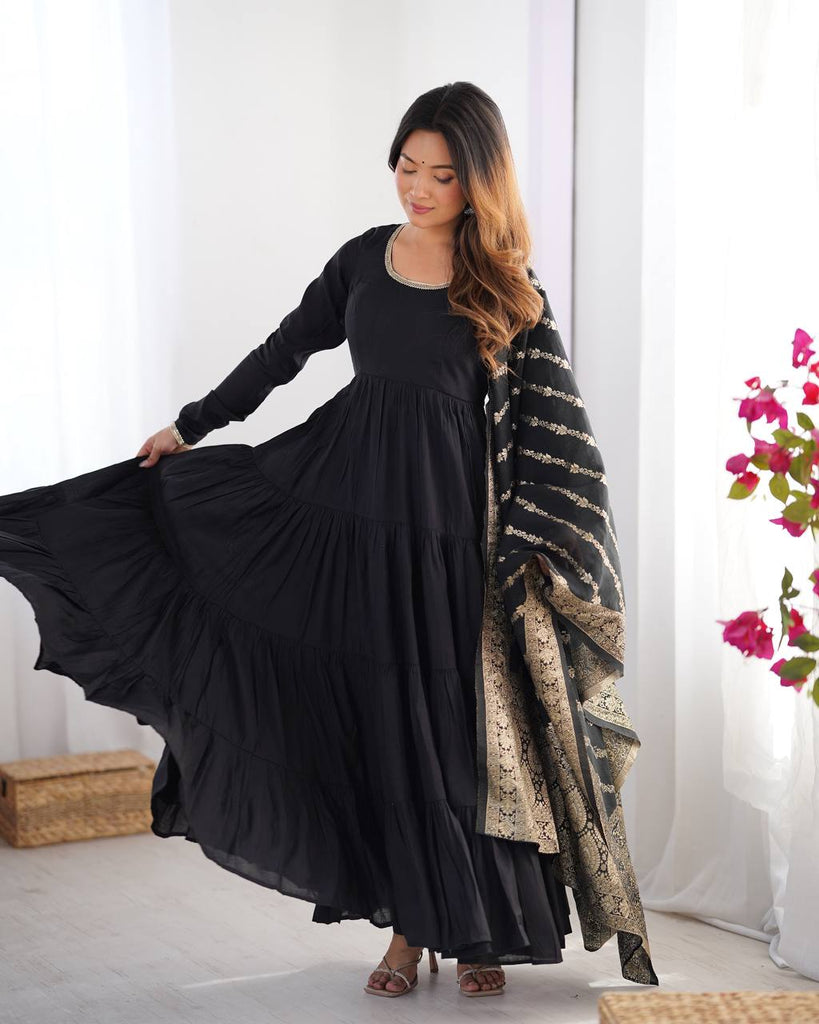 Black Elegant Festive Pure Romansilk Chanderi Anarkali Suit with Banarasi Dupatta Clothsvilla