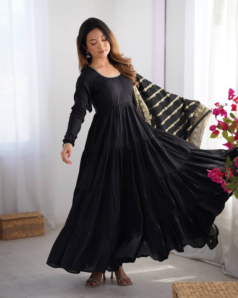 Black Elegant Festive Pure Romansilk Chanderi Anarkali Suit with Banarasi Dupatta Clothsvilla