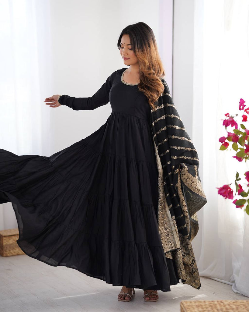 Black Elegant Festive Pure Romansilk Chanderi Anarkali Suit with Banarasi Dupatta Clothsvilla