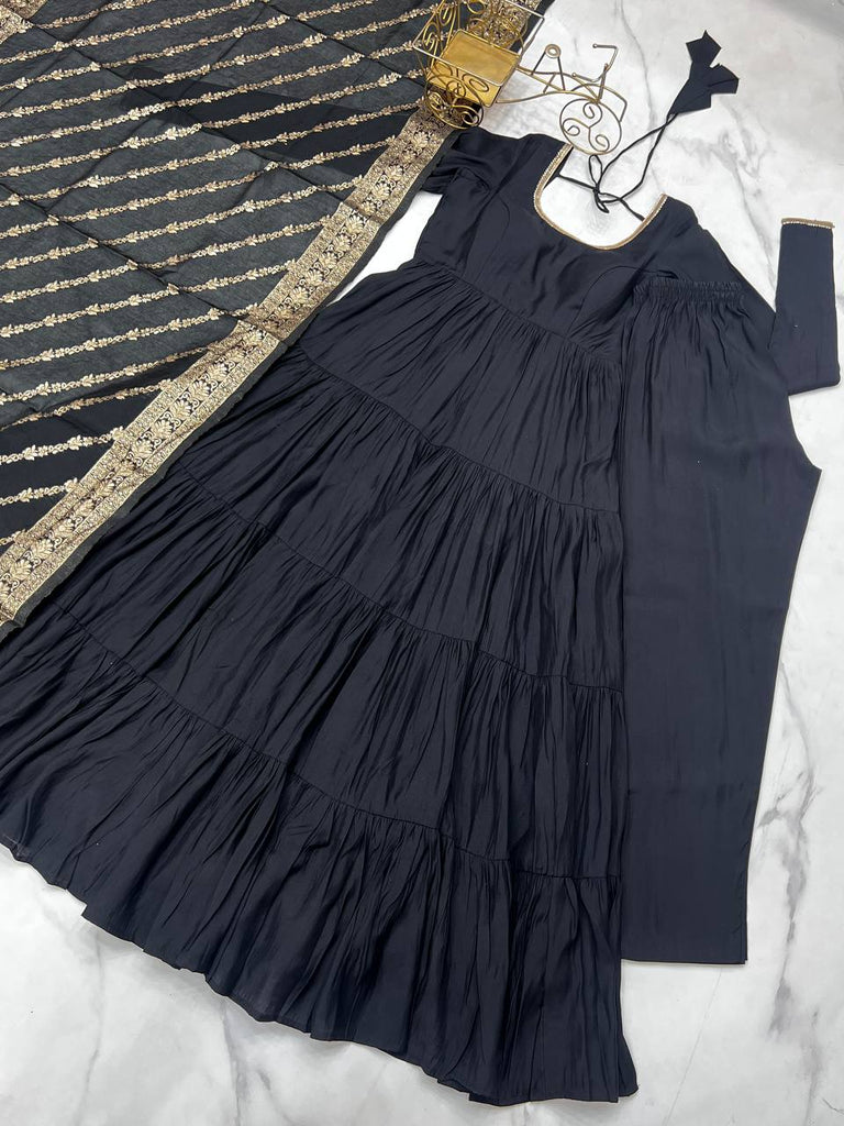 Black Elegant Festive Pure Romansilk Chanderi Anarkali Suit with Banarasi Dupatta Clothsvilla