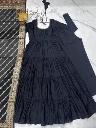 Black Elegant Festive Pure Romansilk Chanderi Anarkali Suit with Banarasi Dupatta Clothsvilla