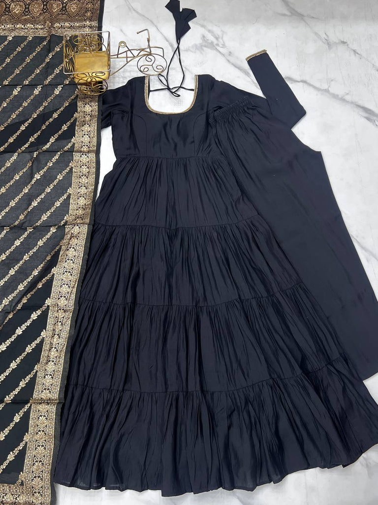 Black Elegant Festive Pure Romansilk Chanderi Anarkali Suit with Banarasi Dupatta Clothsvilla