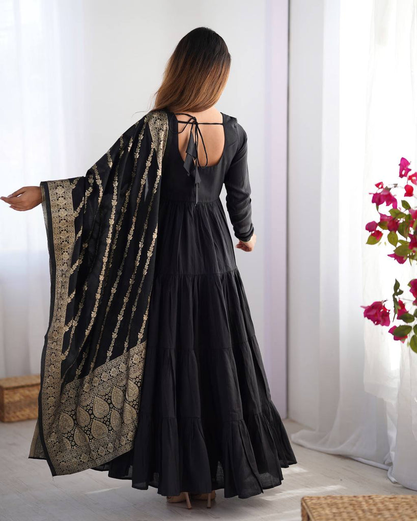 Black Elegant Festive Pure Romansilk Chanderi Anarkali Suit with Banarasi Dupatta Clothsvilla