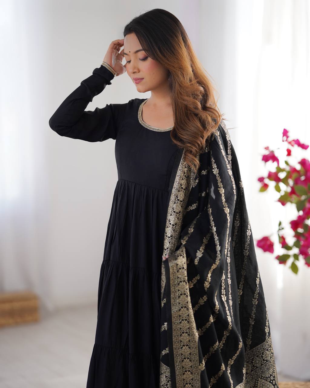 Black Elegant Festive Pure Romansilk Chanderi Anarkali Suit with Banarasi Dupatta Clothsvilla