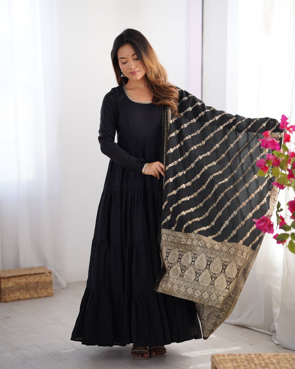 Black Elegant Festive Pure Romansilk Chanderi Anarkali Suit with Banarasi Dupatta Secondary image