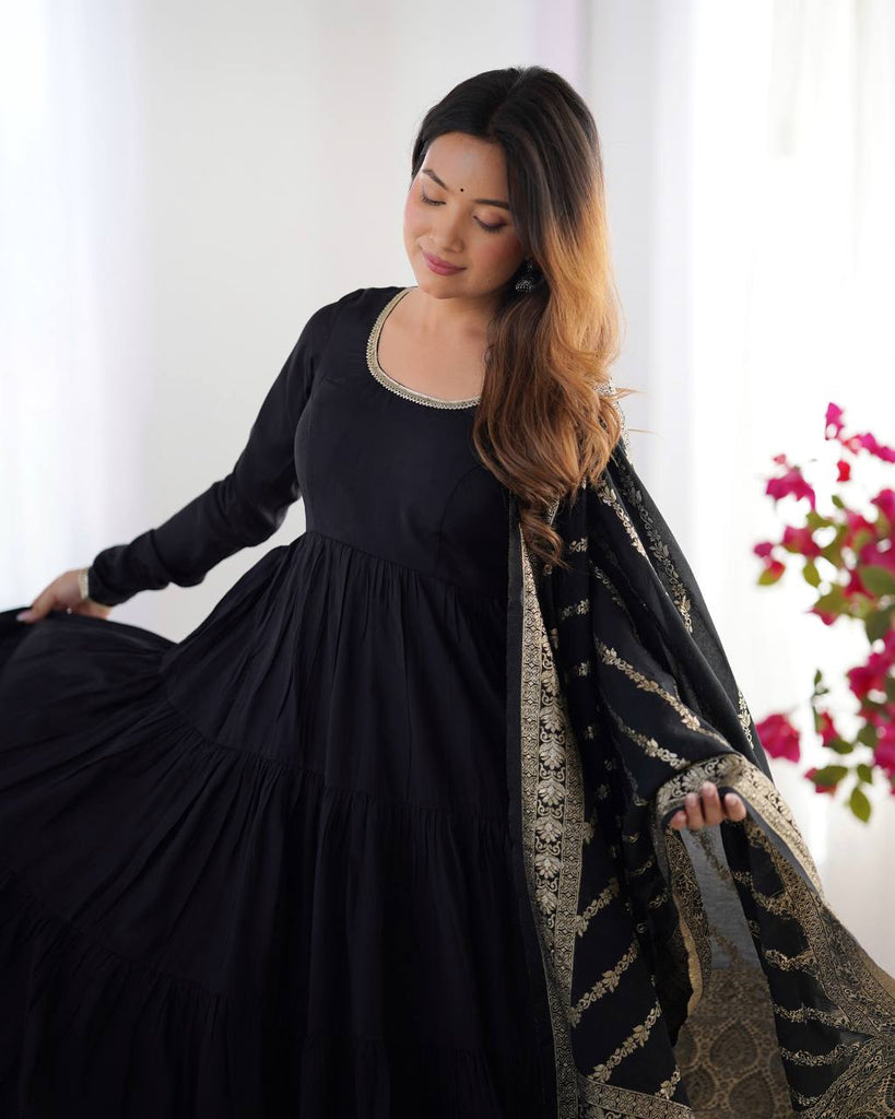 Black Elegant Festive Pure Romansilk Chanderi Anarkali Suit with Banarasi Dupatta Clothsvilla
