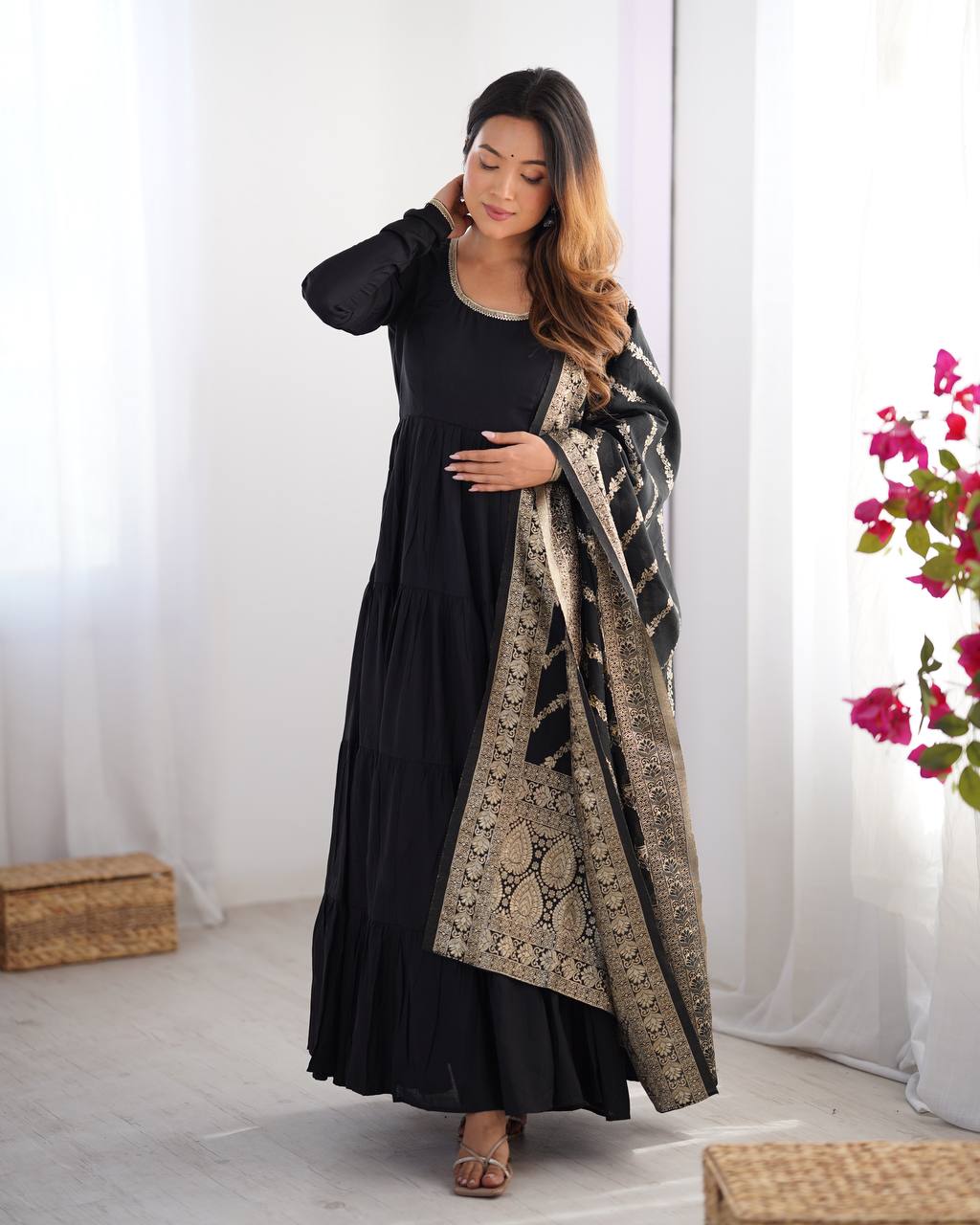 Black Elegant Festive Pure Romansilk Chanderi Anarkali Suit with Banarasi Dupatta Clothsvilla Main image