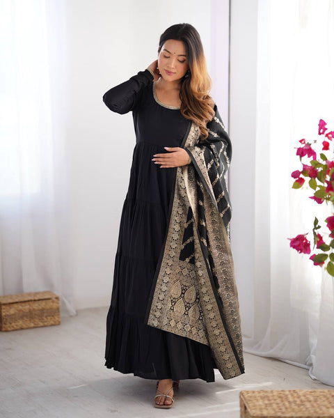 Black Elegant Festive Pure Romansilk Chanderi Anarkali Suit with Banarasi Dupatta Clothsvilla Main image