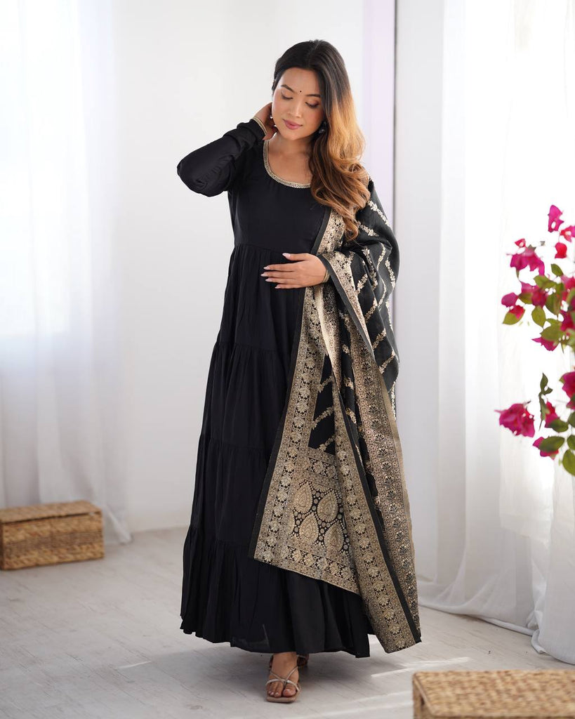 Black Elegant Festive Pure Romansilk Chanderi Anarkali Suit with Banarasi Dupatta Clothsvilla