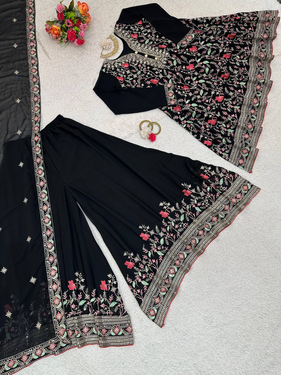 Black Elegant Fox Georgette Co-Ord Set with Sequin & Thread Work ClothsVilla