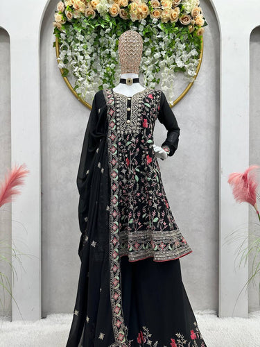 Black Elegant Fox Georgette Co-Ord Set with Sequin & Thread Work ClothsVilla