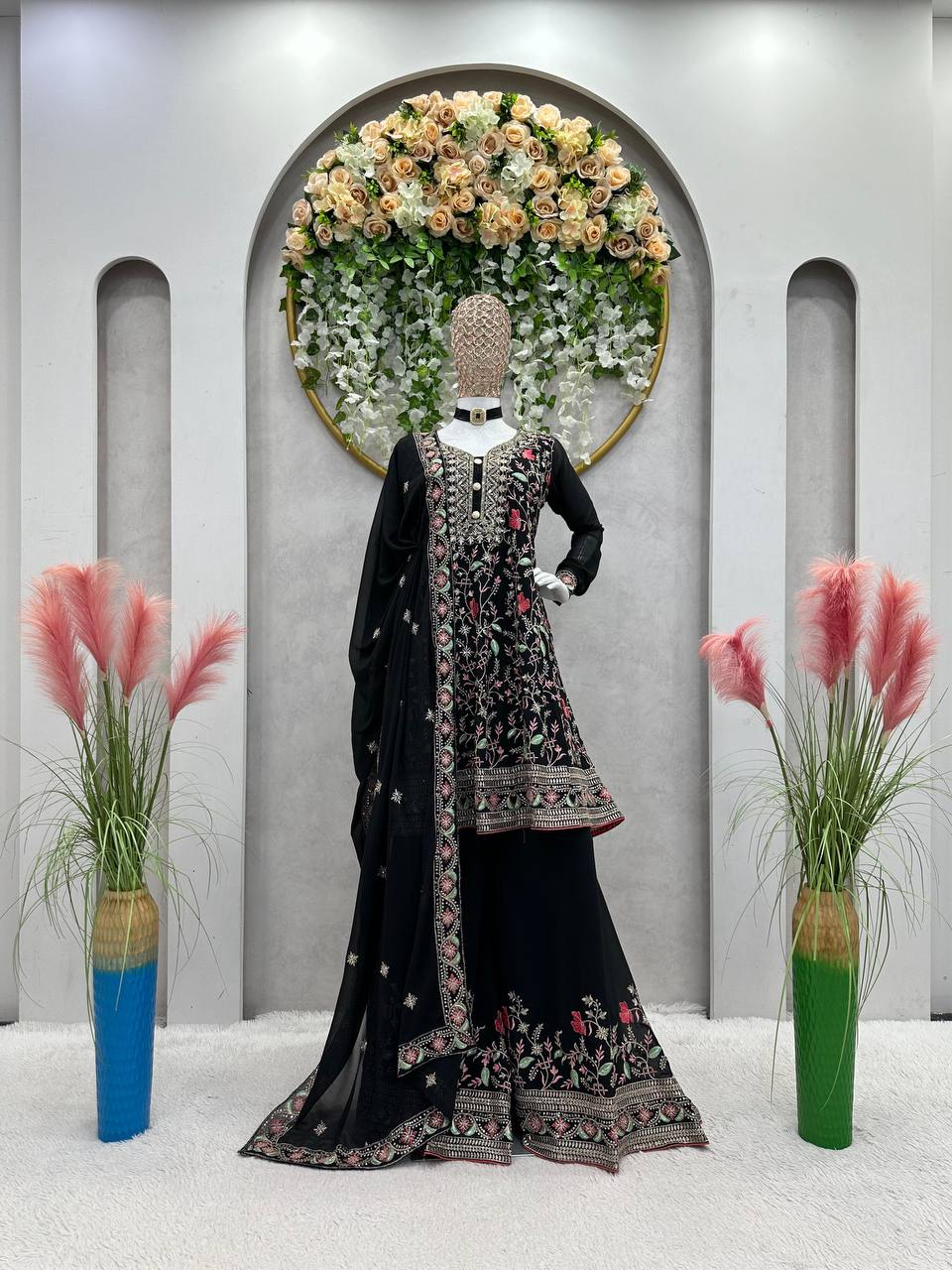 Black Elegant Fox Georgette Co-Ord Set with Sequin & Thread Work ClothsVilla