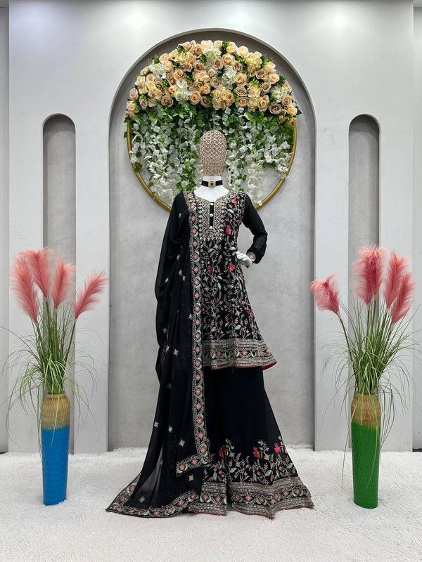 Black Elegant Fox Georgette Co-Ord Set with Sequin & Thread Work ClothsVilla
