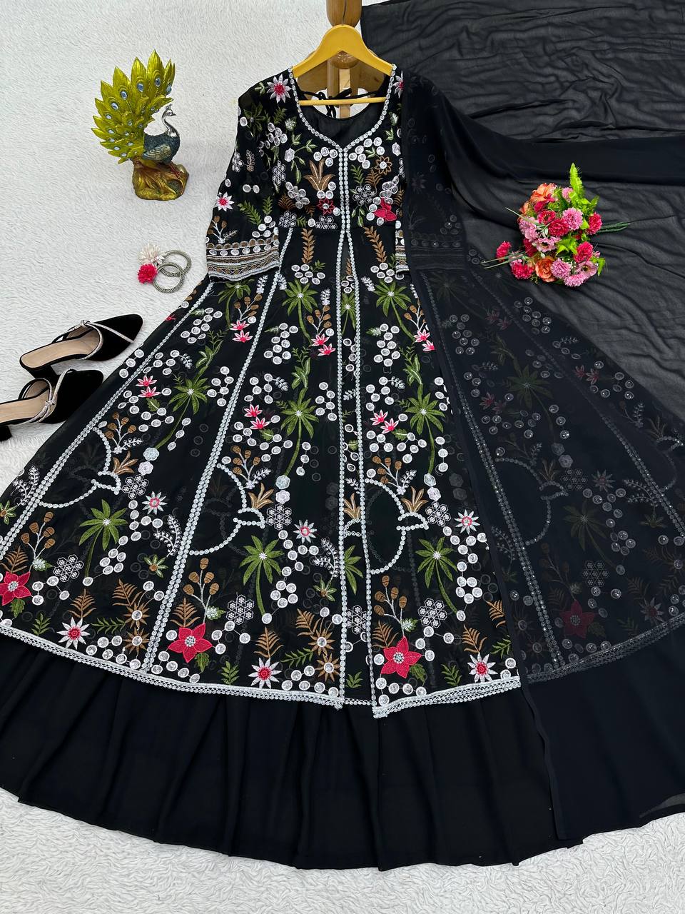 Black Elegant Fox Georgette Lehenga Set with Full-Stitched Top & Lace Border Dupatta ClothsVilla