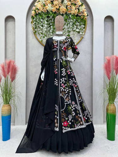 Black Elegant Fox Georgette Lehenga Set with Full-Stitched Top & Lace Border Dupatta ClothsVilla