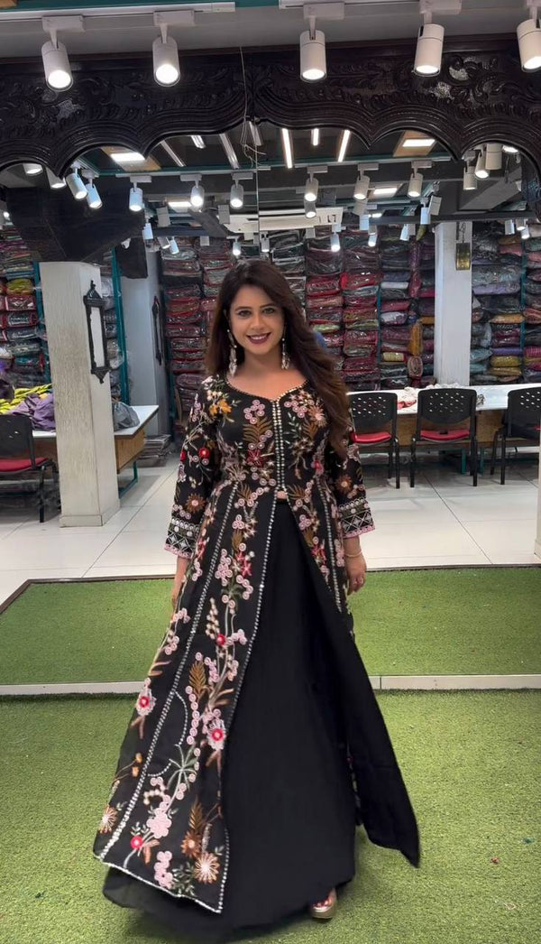 Black Elegant Fox Georgette Lehenga Set with Full-Stitched Top & Lace Border Dupatta ClothsVilla
