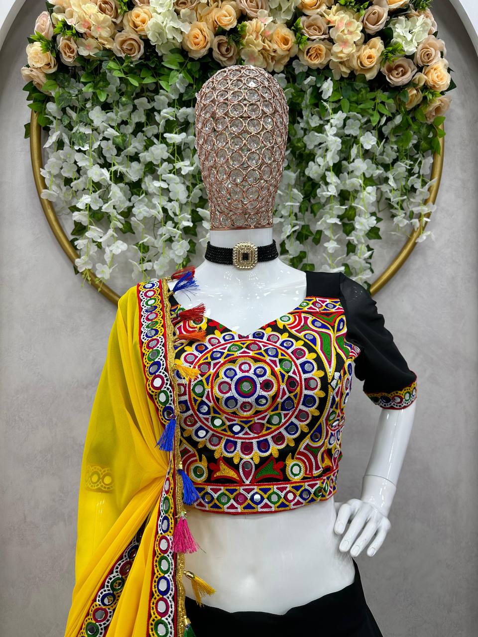 Black Elegant Fox Georgette Lehengha Set with Original Mirror Work & Chain-Stitch Embroidery ClothsVilla