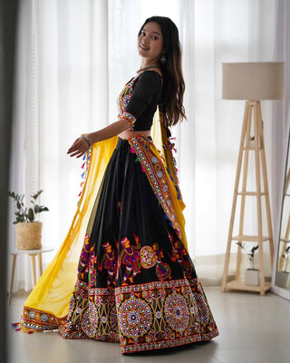 Black Elegant Fox Georgette Lehengha Set with Original Mirror Work & Chain-Stitch Embroidery ClothsVilla