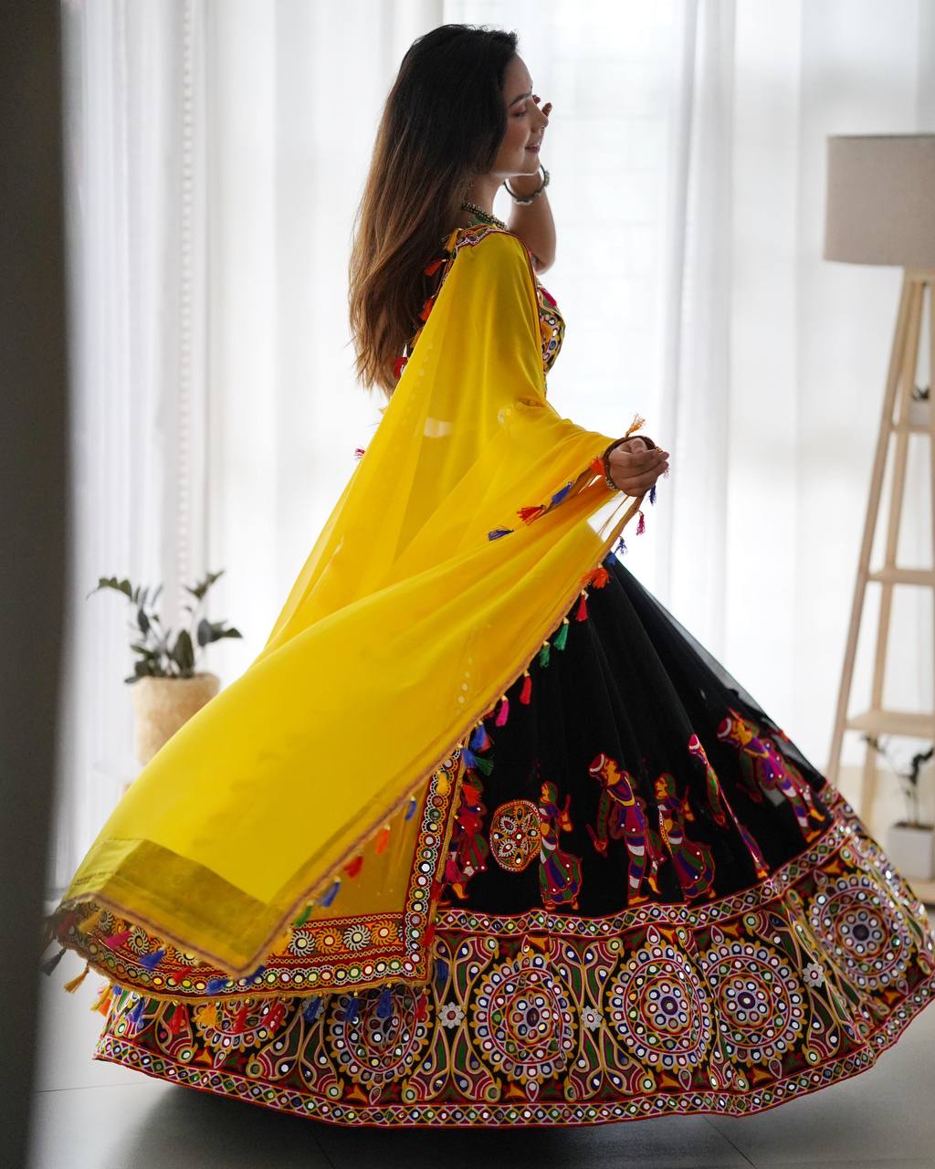 Black Elegant Fox Georgette Lehengha Set with Original Mirror Work & Chain-Stitch Embroidery ClothsVilla