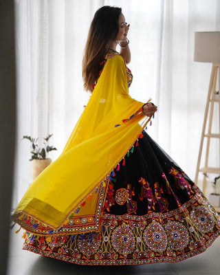 Black Elegant Fox Georgette Lehengha Set with Original Mirror Work & Chain-Stitch Embroidery ClothsVilla
