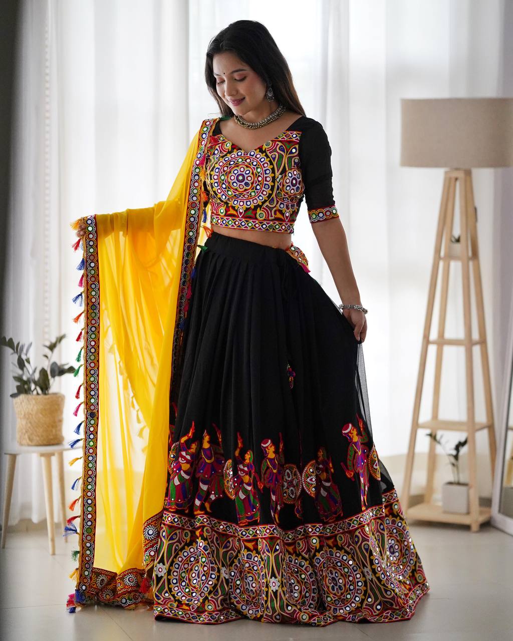 Black Elegant Fox Georgette Lehengha Set with Original Mirror Work & Chain-Stitch Embroidery ClothsVilla
