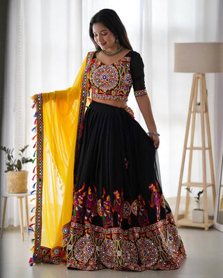 Black Elegant Fox Georgette Lehengha Set with Original Mirror Work & Chain-Stitch Embroidery ClothsVilla