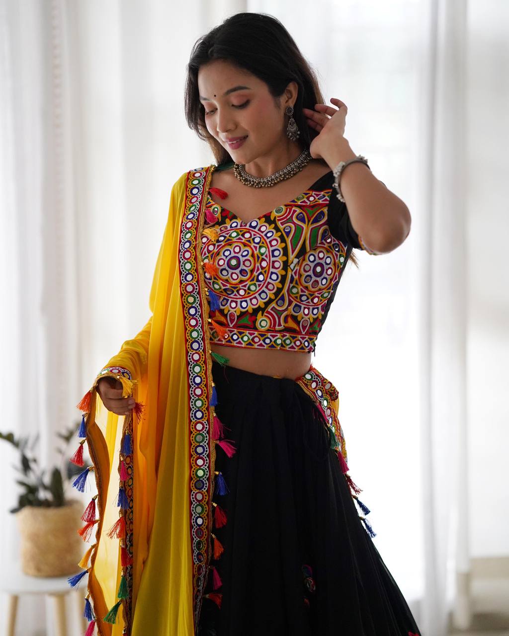 Black Elegant Fox Georgette Lehengha Set with Original Mirror Work & Chain-Stitch Embroidery ClothsVilla