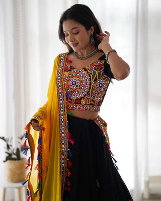 Black Elegant Fox Georgette Lehengha Set with Original Mirror Work & Chain-Stitch Embroidery ClothsVilla