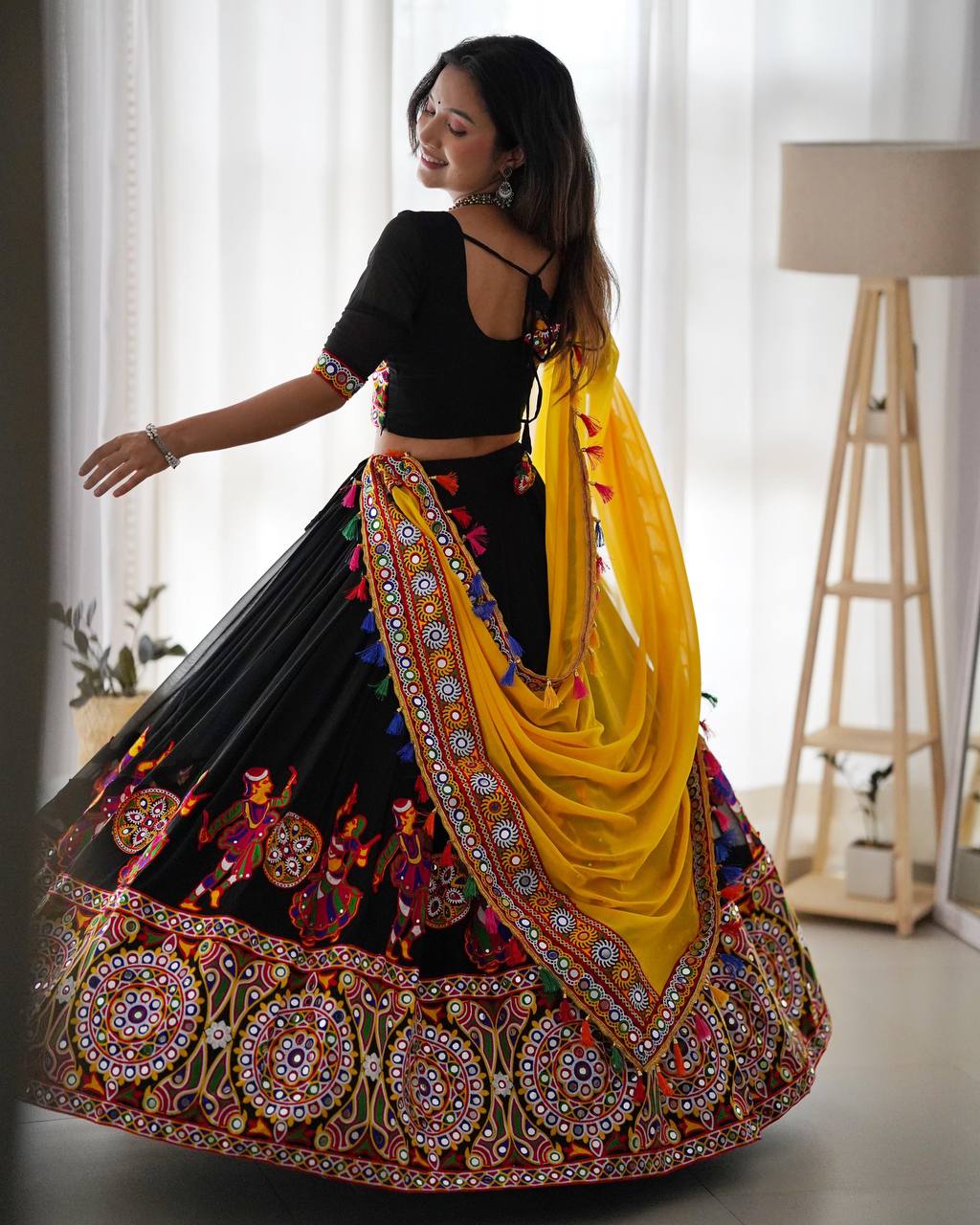 Black Elegant Fox Georgette Lehengha Set with Original Mirror Work & Chain-Stitch Embroidery ClothsVilla