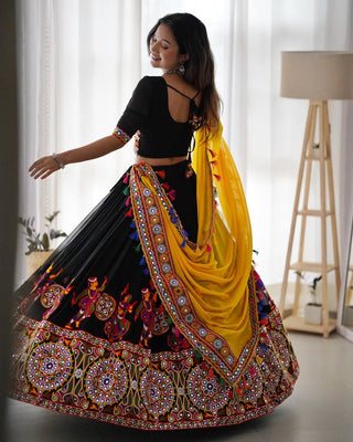 Black Elegant Fox Georgette Lehengha Set with Original Mirror Work & Chain-Stitch Embroidery ClothsVilla