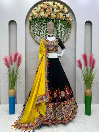 Black Elegant Fox Georgette Lehengha Set with Original Mirror Work & Chain-Stitch Embroidery ClothsVilla
