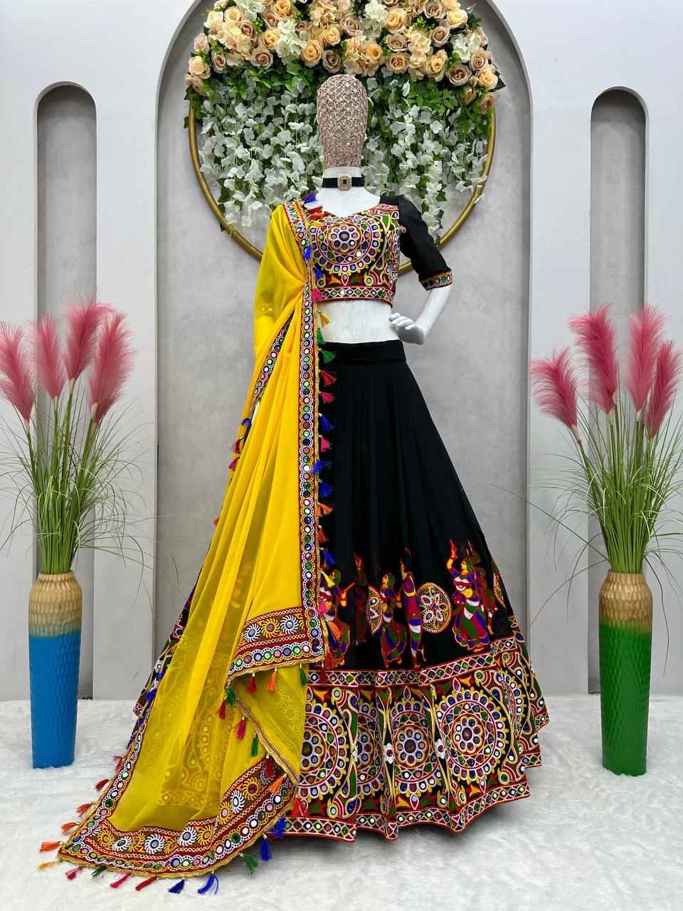 Black Elegant Fox Georgette Lehengha Set with Original Mirror Work & Chain-Stitch Embroidery ClothsVilla