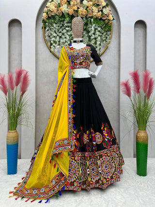 Black Elegant Fox Georgette Lehengha Set with Original Mirror Work & Chain-Stitch Embroidery ClothsVilla