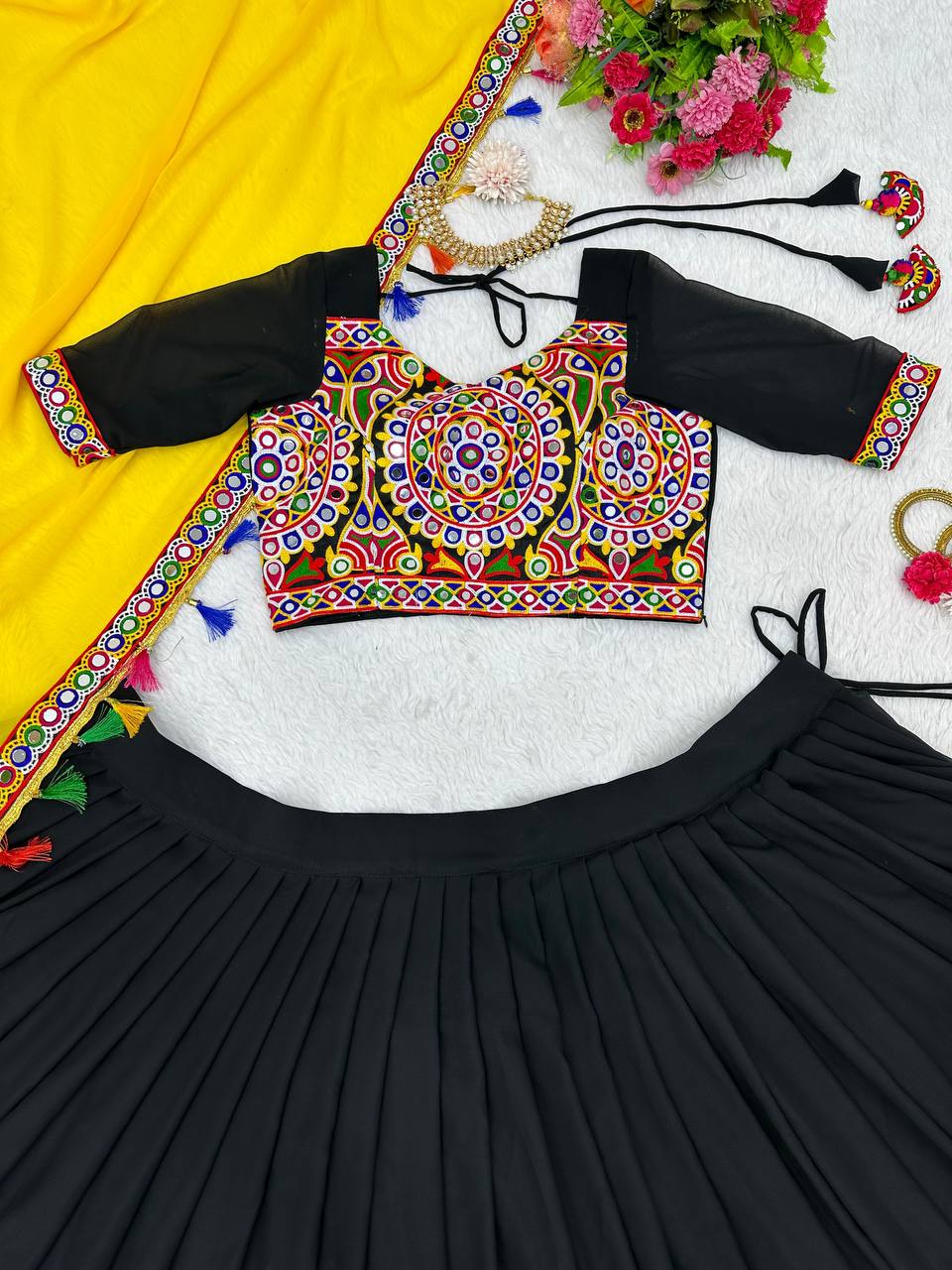 Black Elegant Fox Georgette Lehengha Set with Original Mirror Work & Chain-Stitch Embroidery ClothsVilla