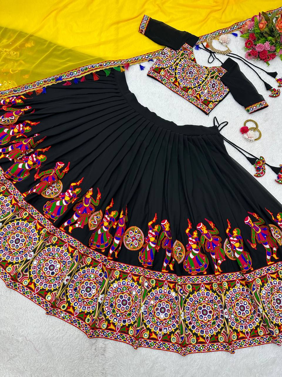 Black Elegant Fox Georgette Lehengha Set with Original Mirror Work & Chain-Stitch Embroidery ClothsVilla