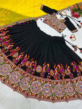 Black Elegant Fox Georgette Lehengha Set with Original Mirror Work & Chain-Stitch Embroidery ClothsVilla