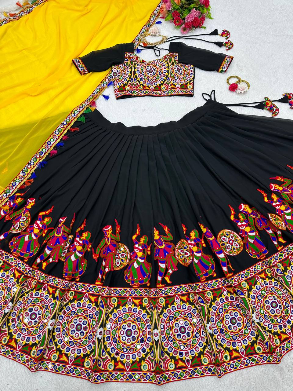 Black Elegant Fox Georgette Lehengha Set with Original Mirror Work & Chain-Stitch Embroidery ClothsVilla